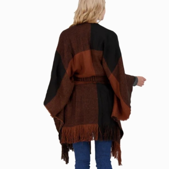 Halston Ruana Wrap - Belted Cardigan Sweater Burgandy Navy NWT - Picture 11 of 12